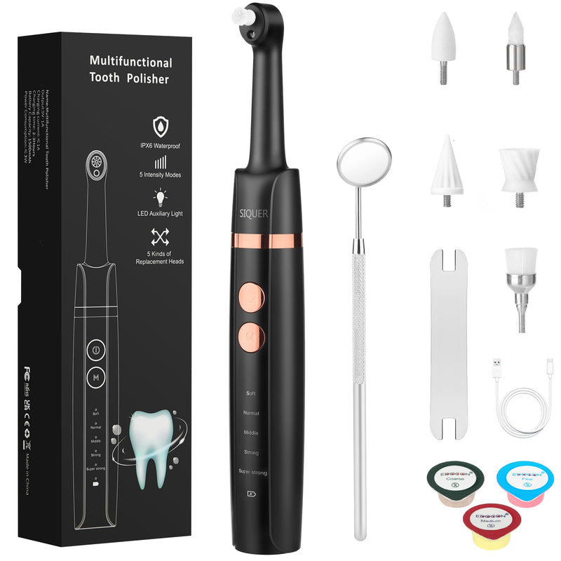 Tooth Polisher - SIQUER Plaque Remover for Teeth Whitening Dental Tools Electric Tartar Polishing Teeth Cleaning Kit with LED Light 5 Speed Modes with 5 Replacement Brush Heads (Black) Black