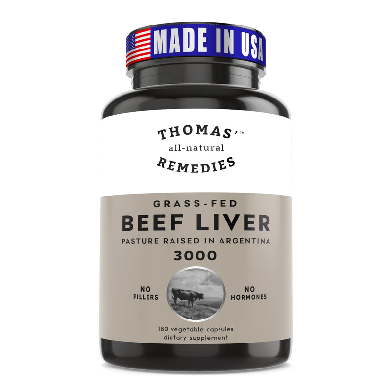 Toms Remedies Grassfed Beef Liver Supplement, 3000mg - Iron & Energy | Liver Supplement, Pasture Raised in Argentina, Natural Source of Iron, Vitamins A & B - Non-GMO & Hormone Free (180 Caps)