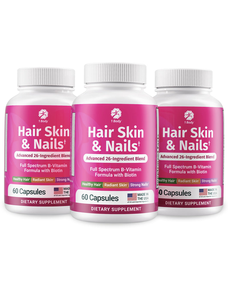 1 Body Hair Skin & Nails with Biotin, Vegan Vitamins, 3 Pack | Support Your Natural Glow. Designed to promote healthy hair, skin, and nails every day.* 60 Count (Pack of 3)