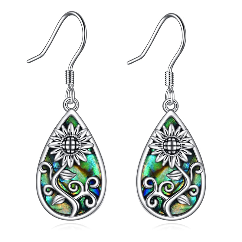 AOBOCO Silver Dangle Earrings for Women S925 Abalone Shell, Mustard Seed, Turquoise Bohe Hooks Earrings 1-Abalone Sunflower Hooks - BeesActive Australia