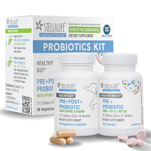 StellaLife Probiotics Oral & Gut Prebiotics Post Probiotics Kit: 44B+ CFU, 11 Oral & 6 Gut Spore strains for Digestive & Dental Health, Bad Breath Treatment, Tongue Hygiene, Strawberry Flavor, 30-Day Oral & Gut 30-day supply