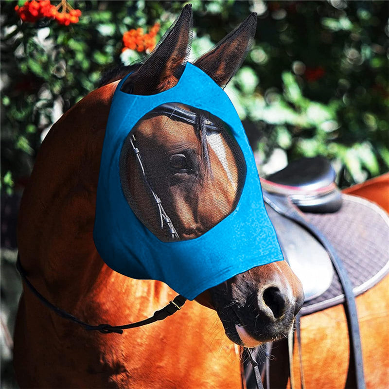 Horse Fly Mask with Ear, Elastic Horse Face Cover with Large Mesh Cover, Comfortable and Breathable Horse Face Cover, Riding Protection (Blue) Blue