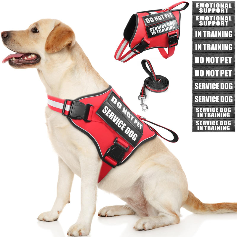 Service Dog Vest Harness and Leash Set+10 Patches,No Pull&Adjustable Reflective Dog Harness with Soft Padded Handle for Training/Everyday,Fit Small/Medium/Large/Extra-Large Dogs(Red L) Large Red - BeesActive Australia