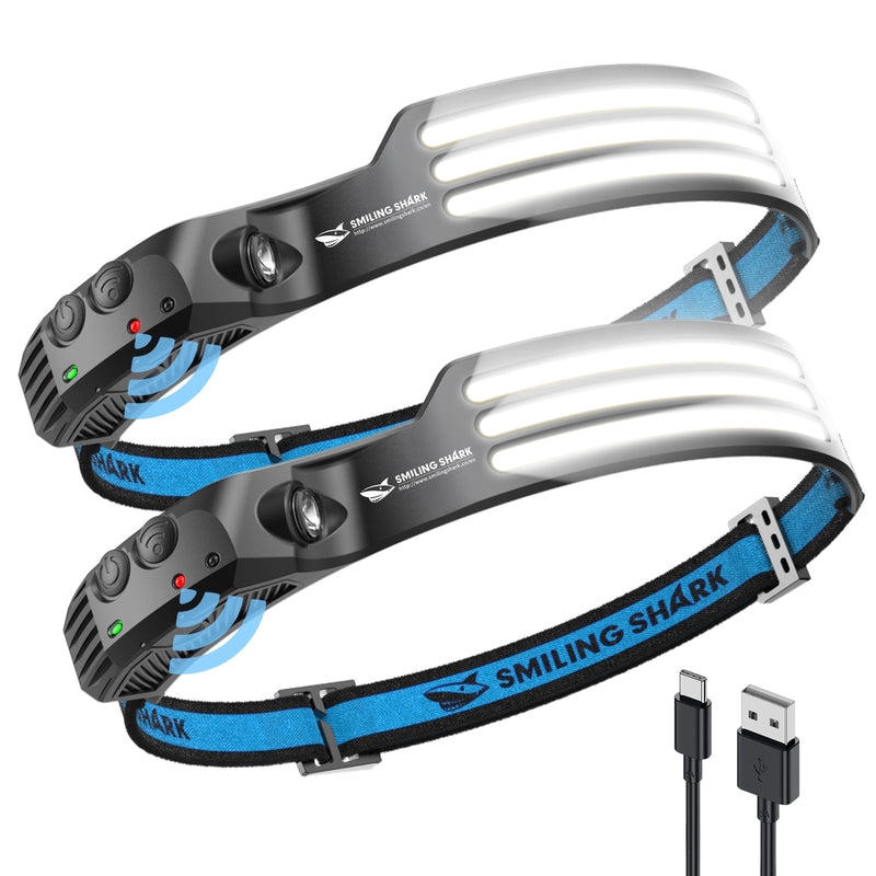 Smiling Shark LED Headlamp, 230°Wide Angle 3*White Light 2 Pack The Brightest Head Lamp Rechargeable Motion Sensor Waterproof Headlight for Camping Hiking Outdoor, Head-Lamp-LED-Frontale-Light White