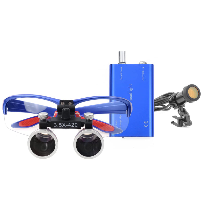 EustomA 3.5X Binocular Loupes Magnifier with 5W LED Clip on Headlight Optical Glass Headlamp with Two Clips Adjustable Cloth Bag DY-409-3.5X (Blue) Blue - BeesActive Australia