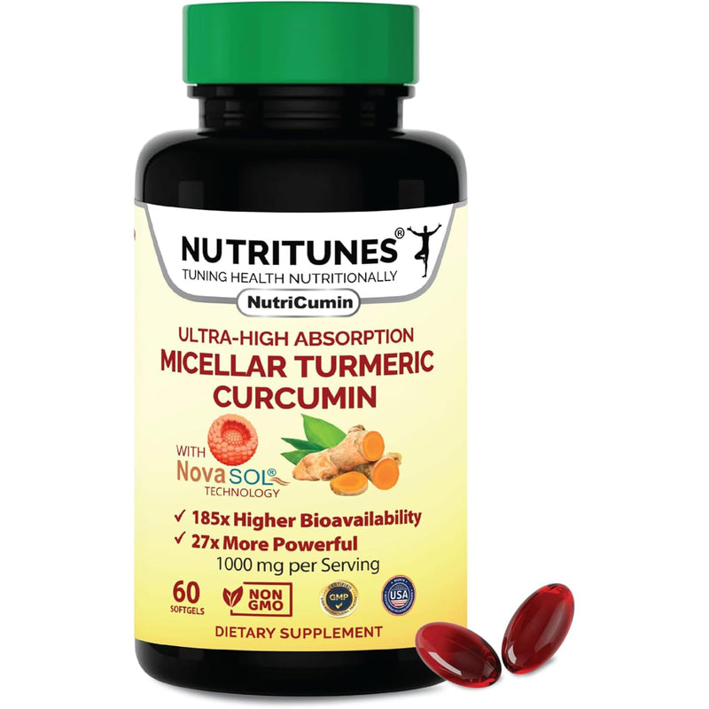 NutriCumin NovaSOL Turmeric Curcumin - 60 Softgels | Features Liposomal Delivery, Easy-to-Swallow Softgels, Allergen-Free Formula for Daily Joint and Mobility Support