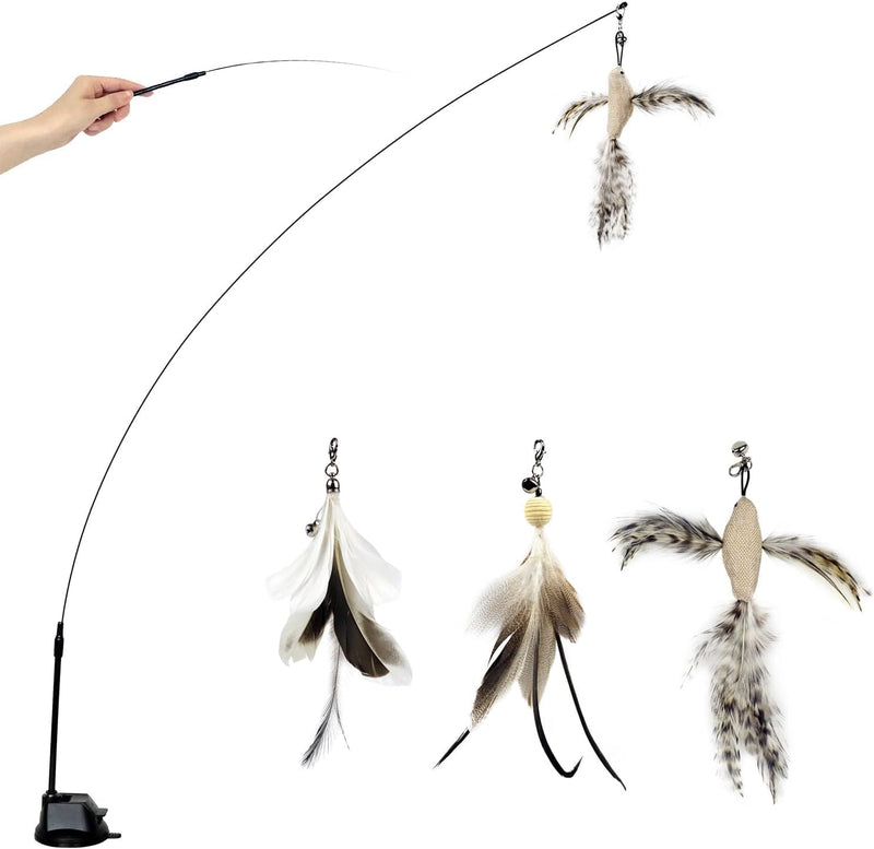 Cat Wand Toys with Suction Cup, Interactive Bird Simulation Cat Toy Set,Cat Teaser Cat Toys,Flexible Steel Wire and 3Pcs Replacement Feather Refills with Bells. Suction Toy Set(3 Refills） - BeesActive Australia