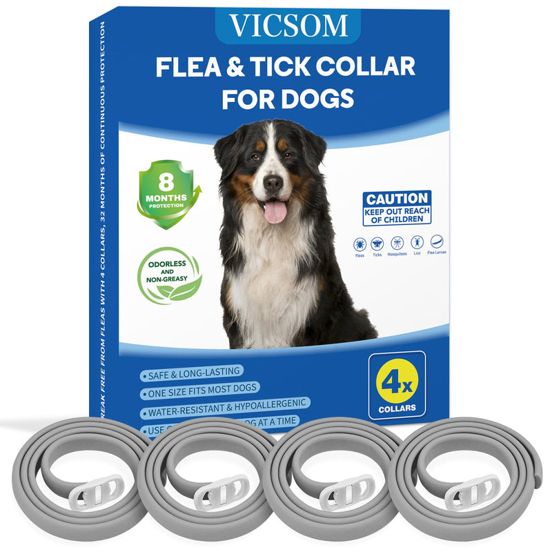 4 Pack Flea Collar for Dogs, Dog Flea and Tick Collar 8 Months Flea and Tick Prevention for Dog, Waterproof Adjustable Puppy Collar Natural Tick and Flea Collars for Small Medium Large Dogs, Grey - BeesActive Australia