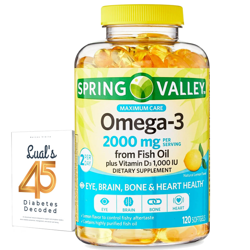 Spring Valley Omega-3 from Fish Oil 2000 mg for Eye Brain Bone & Heart Health Dietary Supplement Softgels, 120 Count, Bundle with Luall's 45 Diabetes Decoded