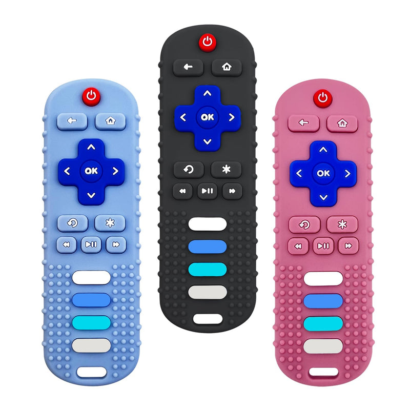 3 Pack Remote Control Shape Silicone Teethers for Babies Chew Toys, Teething Toys for Infant Toddlers,Baby Remote Control Toy (Black&Blue&Pink) Black&Blue&Pink - BeesActive Australia