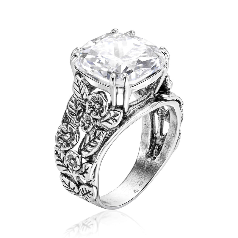 JEAN RACHEL JEWELRY 925 Sterling Silver Statement Ring White Cushion Shaped Cubic Zirconia CZ Floral Leaves Vintage Antique Look Hypoallergenic 9 - BeesActive Australia