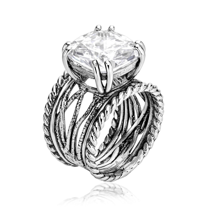 925 Sterling Silver Statement Ring White Cushion Shaped Cubic Zirconia CZ Organic Look Vintage Antique Look Hypoallergenic Nickel and Lead-free Artisan Handcrafted Designer collection, Made In Isra 0 9 - BeesActive Australia