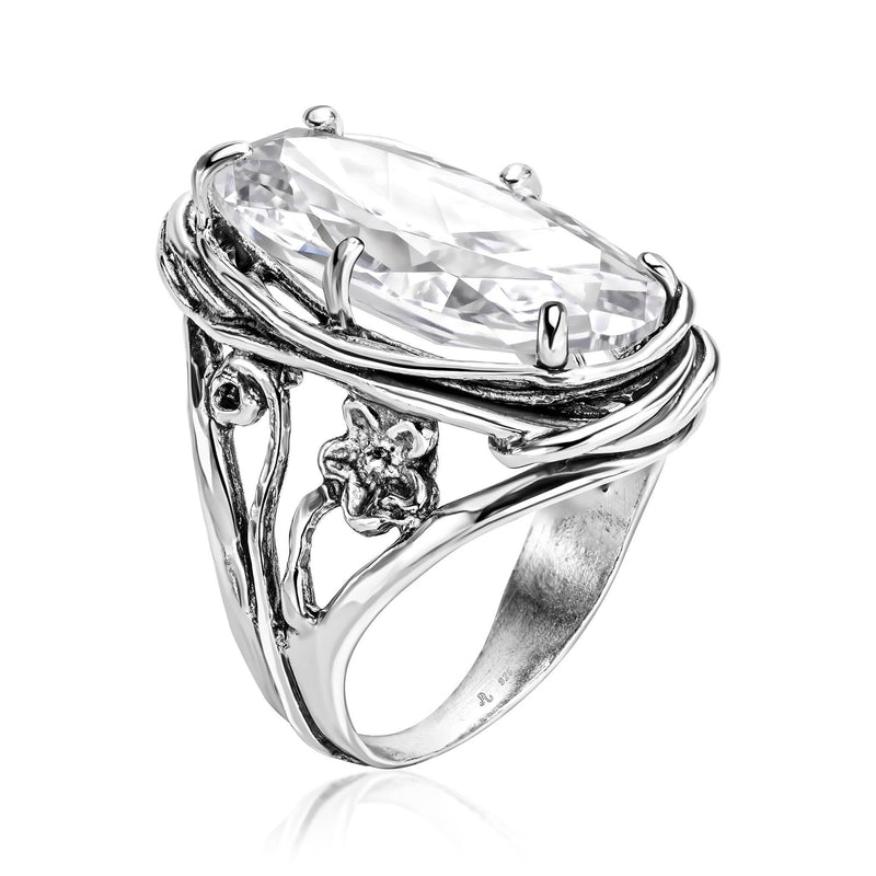925 Sterling Silver Statement Ring With A White Oval Shaped Cubic Zirconia CZ Floral Vintage Antique Look Hypoallergenic, Nickel and Lead-free, Artisan Handcrafted Designer collection, Made In Isr 0 5 - BeesActive Australia