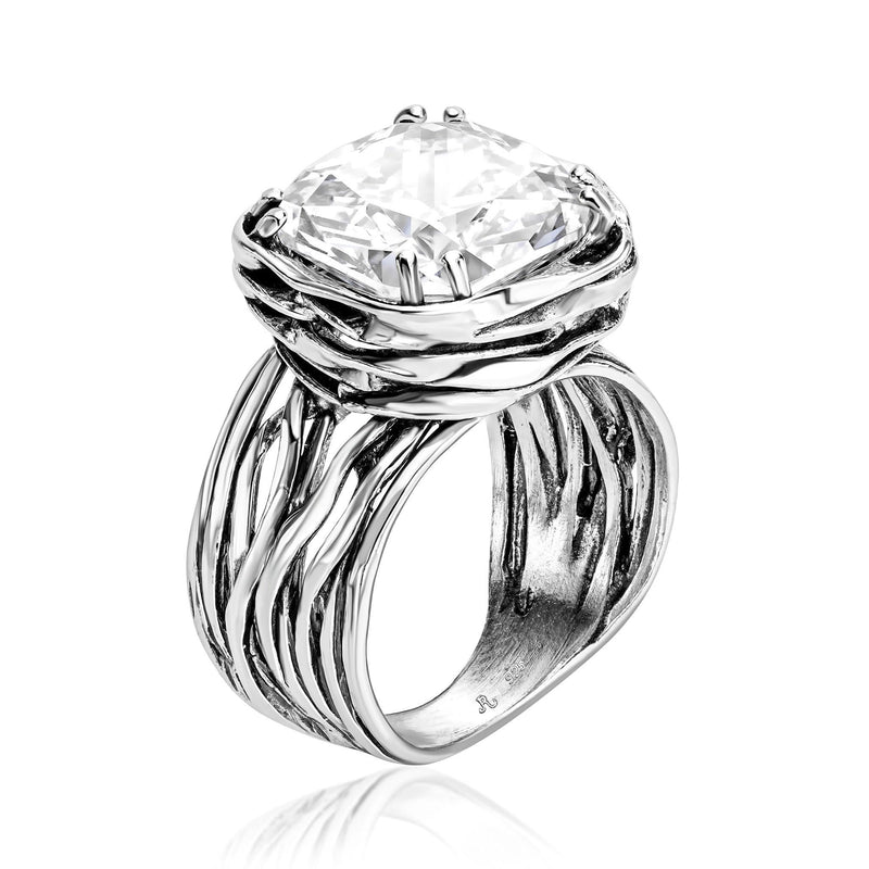 925 Sterling Silver Statement Ring White Cushion Shaped Cubic Zirconia CZ Organic Look Vintage Antique Look Hypoallergenic Nickel and Lead-free Artisan Handcrafted Designer collection, Made In Isra 0 5 - BeesActive Australia