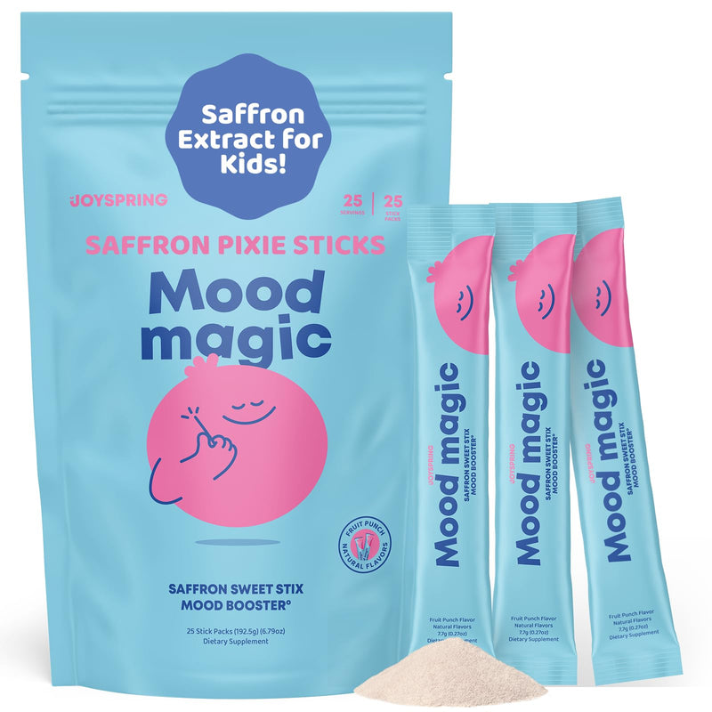 JoySpring Mood Magic Kids Saffron Sticks, Fruit Punch, 25 Ct, 4+ | Magnesium citrate and Vitamin D3 with calming herbs, supports calm and balanced feelings, sugar-free single-serve drink mix 25 Count (Pack of 1)
