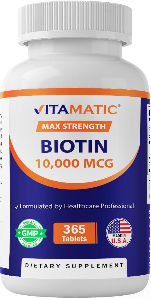 Vitamatic Biotin 10,000 mcg (10 mg) for Stronger Hair, Skin & Nails - 365 Vegan Tablets- Also Called Vitamin B7 365 Count (Pack of 1)