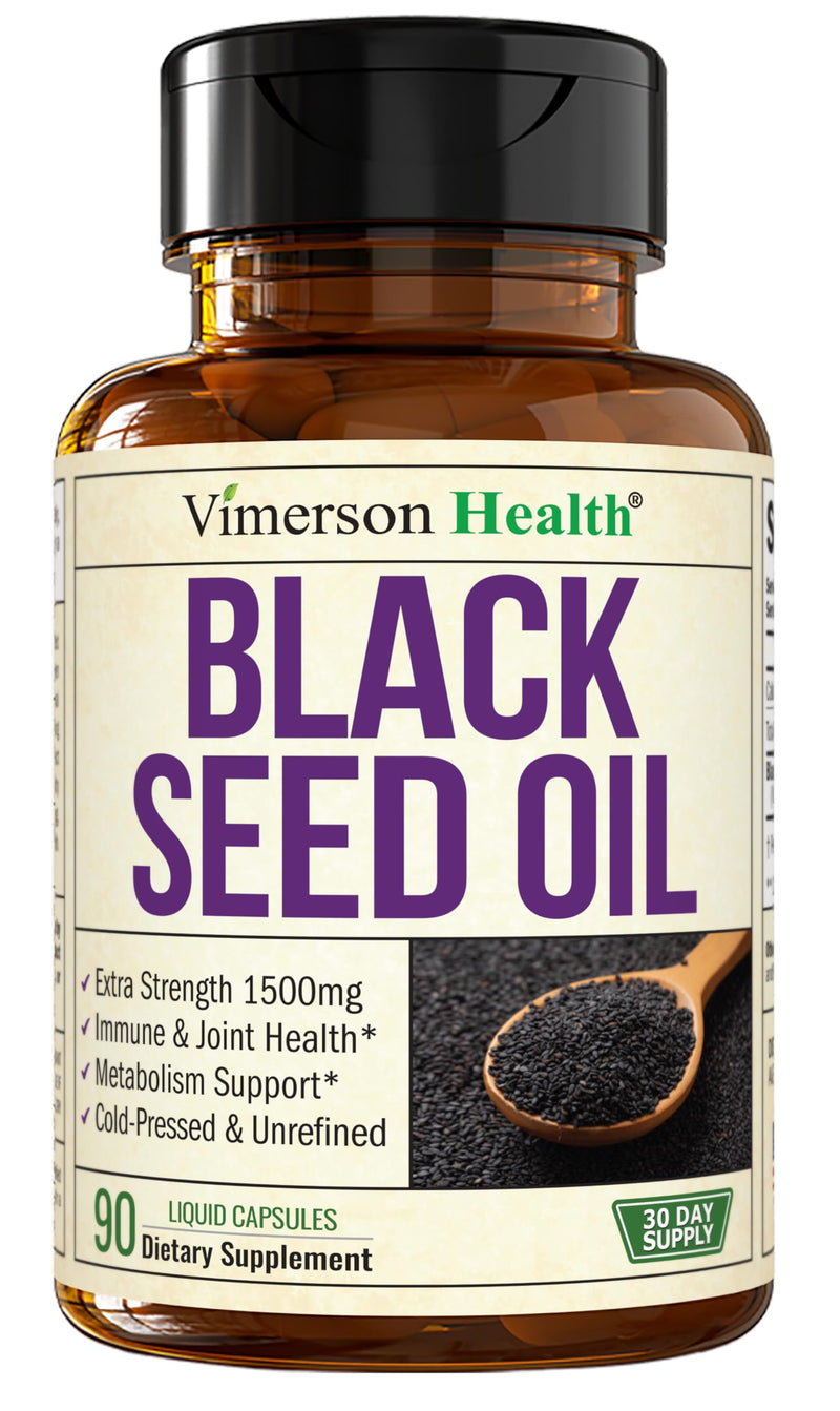 Black Seed Oil - Cold Pressed Black Seed Oil Capsules - Provides Vitamin E & Omega 3 6 9 - High Potency (1500mg) for Immune & Joint Support, Antioxidants, Digestion, Hair Skin Nails - Vegan 90 Caps