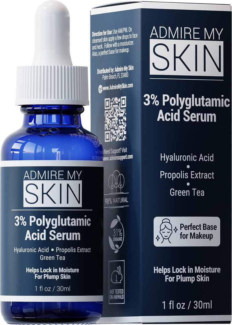 Admire My Skin 3% Polyglutamic Acid Facial Serum - PGA + Hyaluronic Acid + Propolis for Powerful Anti Aging - Moisture Locking Glow 1oz - BeesActive Australia