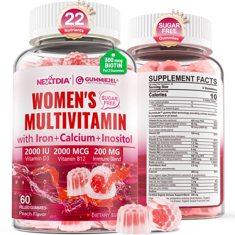 Methylated Multivitamin for Women Gummies, Calcium, D3, Methylfolate & B12 | Daily Vitamin A C E, K2, B Complex, Biotin, Zinc, Iron, Inositol -Energy, Immune, Bone, Skin, Hair - Sugar Free, Vegan -60Cts 60 Count (Pack of 1)