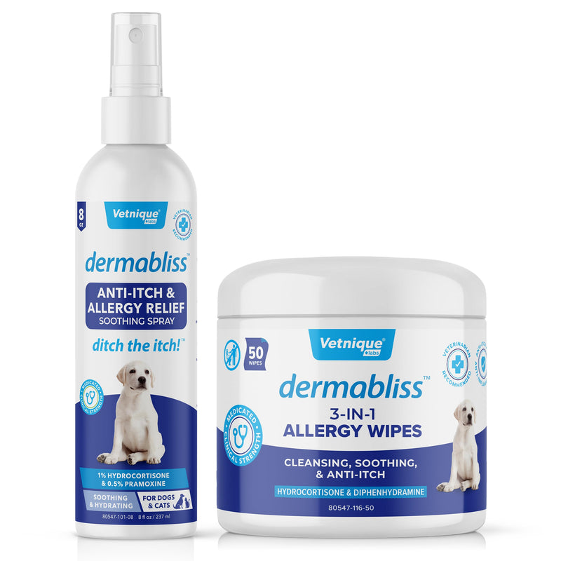 Dermabliss 3-in-1 Wipes and Dermabliss Anti-Itch & Allergy Relief Spray (8oz) Bundle Seasonal Allergy Wipes for Dogs with Itchy Skin Plus Targeted Itch Relief Hydrocortisone Spray for Dogs - PawsPlanet Australia