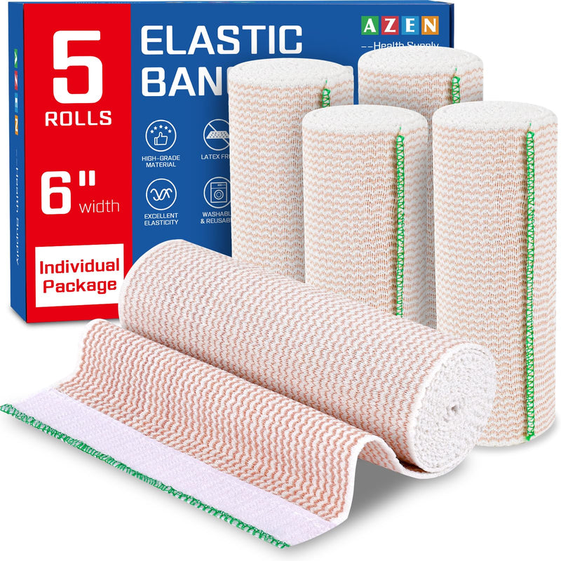 AZEN Premium 5 Pack Elastic Bandage Wrap 6 Inch, Compression Wrap Bandage for Legs, Ankle, Knee, Tummy, Body, Latex-Free, Lymphedema Wraps for Legs A-5p(6in)