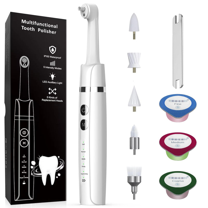 Tooth Polisher,Teeth Polishing Kit for Daily Cleaning,Polishing Then Whitening of Tooth (Professional toothpaste include),USB Rechargeable Dental Polisher with LED Light,6 Heads,5 Speed Modes White - BeesActive Australia