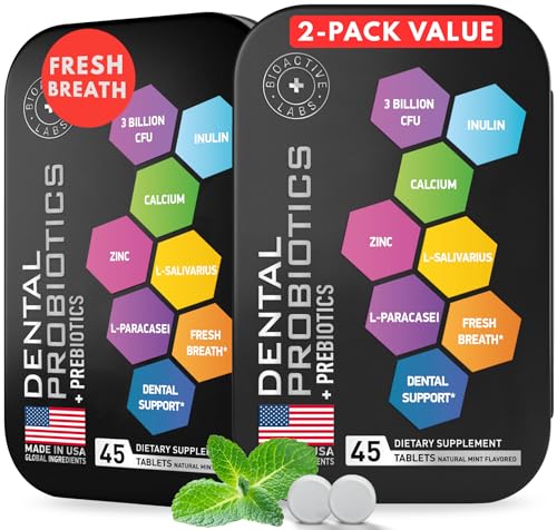Dental Probiotics for Teeth and Gums - Lactobacillus Salivarius Probiotic and Prebiotic Blend - Best Oral Probiotic for Teeth, Gums and Bad Breath - 90 Natural Mint Tablets in Travel Tins 45 Count (Pack of 2)