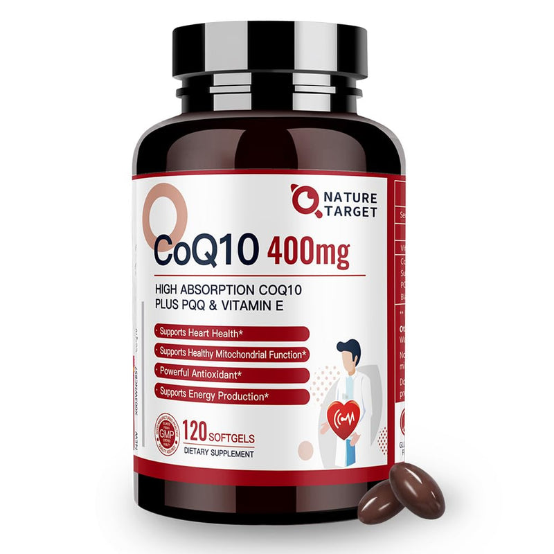 NATURE TARGET CoQ10 400mg Plus PQQ with Vitamin E, 120 Servings | Coenzyme Q10 with Organic Olive Oil and BioPerine, High Absorption Antioxidant for Heart Health and Energy Production 120 Count (Pack of 1)