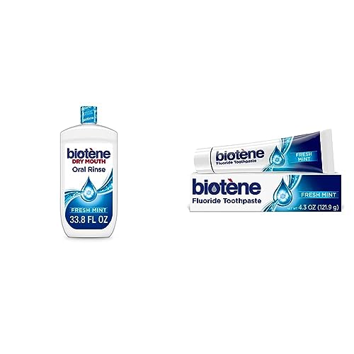 biotène Oral Rinse Mouthwash - 33.8 fl oz & Fluoride Toothpaste for Dry Mouth Symptoms, Bad Breath Treatment and Cavity Prevention, Fresh Mint, 4.3 Ounce (Pack of 1) - Packaging May Vary