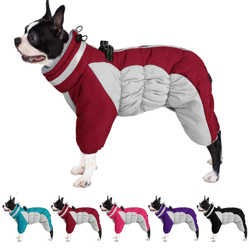 AOFITEE Fullbody Dog Coat Dog Jacket, Windproof Dog Winter Coat with Harness Built In, Reflective Turtleneck Dog Snow Jacket Snowsuit, Four-Legged Puffer Coat for Small Medium Large Dogs M Burgundy - BeesActive Australia