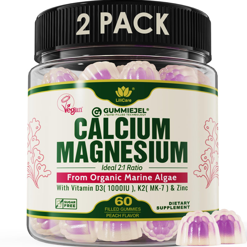 2 Pack - Plant Based Calcium Gummies 600mg with Vitamin D3 K2, Magnesium, Zinc for Bone Strength, Sugar Free Calcium Supplements for Women & Men (Certified Vegan) from Sustainably Organic Red Algae 60 Count (Pack of 2)