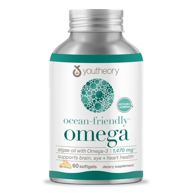 Youtheory Ocean-Friendly Omega, Vegan Algae Omega 3, 60 Softgels | With EPA and DHA, Supports Heart, Eye, and Brain Health*, Recyclable Aluminum Container, Gluten, Soy, and Dairy-Free 60 Count (Pack of 1)