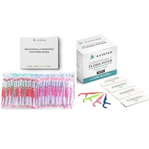 Avistar 24 Disposable Bulk Toothbrushes and 450 Disposable Floss Picks - Individually Wrapped in 4 Colors - Convenient & Affordable - for Travel, Hotels, Airbnb, Relief Missions, Donations & More
