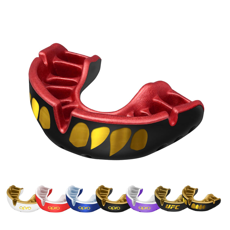 OPRO Gold Level Mouth Guard - Moldable Mouthguard with Premium Comfort Fit, and Multi-Layer Protection for Boxing, MMA, Rugby, Hockey, and Football Mouthpiece – Includes Case (Jaws - Black/Red, Adult) Jaws - Black/Red Adult (Age 10+) - BeesActive Australia