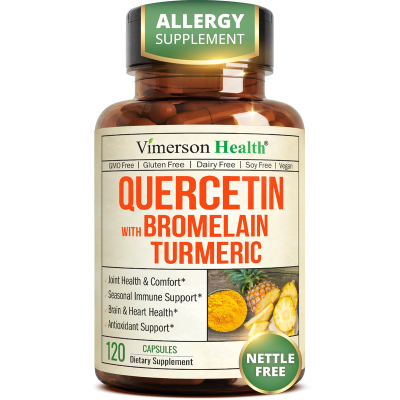 Quercetin with Bromelain Turmeric Curcumin Supplement – Triple Action: Allergy Relief, Inflammation and Joint Support with Organic Tumeric + Bioperine for Max Absorption – 120 Quercetin 500mg Capsules 120 Count (Pack of 1)