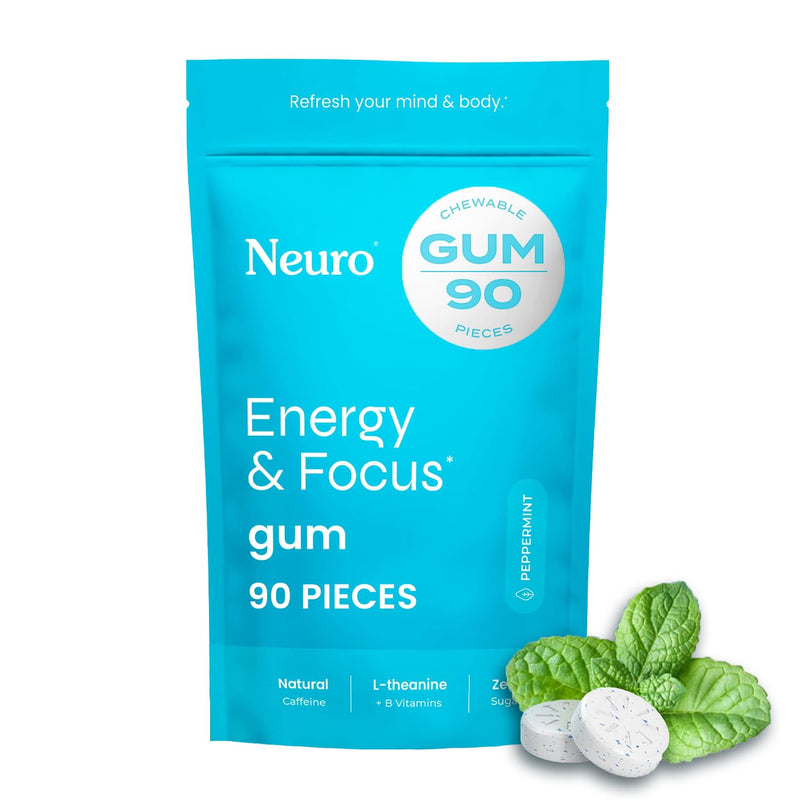NeuroGum Energy & Focus Gum (90 Count Bag, Peppermint) | 40mg Natural Caffeine + L-Theanine + Vitamin B12 & B6 + Xylitol | Sugar Free Nootropic Cognitive Brain Performance Supplement 90 Count (Pack of 1)