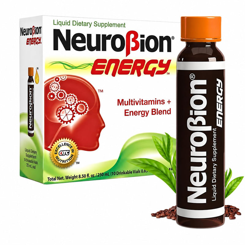 Neurobion Energy 10 Vials x 25 mL Each, 250 mL Total, Liquid Dietary Supplement Multivitamin + Energy Blend