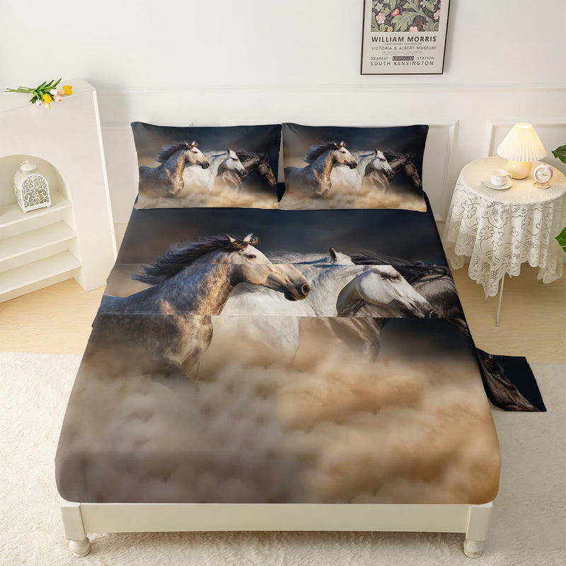 Horse Sheet Set,Running Horse Kids Bed Sheets,Galloping Horse 16" Deep Pocket Bed Sheet Set for Boys/Girls/Kids/Teens，4 Piece Sheet Set,1 Fitted Sheet,1 Flat Sheet and 2 Pillowcases，Twin Size Horse 5 Twin - BeesActive Australia