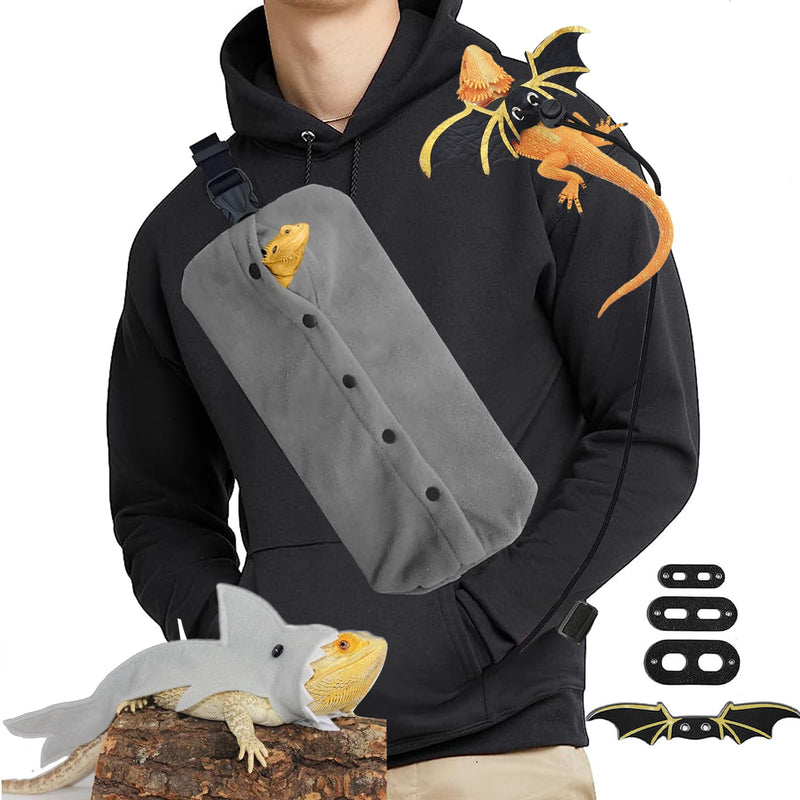 Bearded Dragon Carrier Set, Reptile Carrier Kit Includes Bearded Dragon Leash and Carrier, Shark Costume, Bearded Dragon Harness Vest with Costume for Small Pets Travel Gray