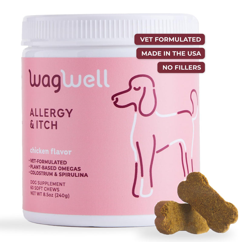 WagWell Allergy and Itch Chews – Chicken Flavored Dog Allergy Chews – Plant Based Dog Chews with Colostrum and Spirulina – Dog Skin and Coat Supplement for Itch Relief and Digestive Health, 60 Chews - PawsPlanet Australia