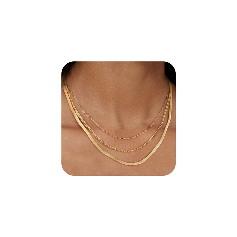 Risamil Gold Necklace for Women, 14K Gold Plated/Silver Layered Necklaces for Women, Dainty Gold Necklace Set Chain Choker Necklace Gold Jewelry Gift for Women and Girls 3 Layered O Chain/Cuban/ Herringbone - BeesActive Australia