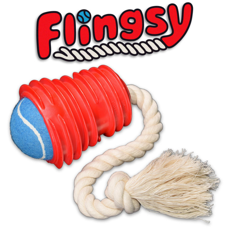 Made in USA Flingsy Dog Ball Launcher and Rope Tug Fetch Thrower Combination Throwing Toy with 100-Percent Natural Cotton Rope Red Flingsy Launcher Rope Toy with 1 Ball - BeesActive Australia