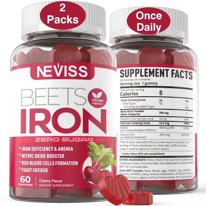 Iron Gummies Supplement for Women, Vitamin C & Beet Root, Vegan, Sugar Free | with Methyl B12, Folate, Increase Iron Levels, Energy Support, Fight Fatigue, Gentle on Stomach, High Absorption, 120 Count 60 Count (Pack of 2)