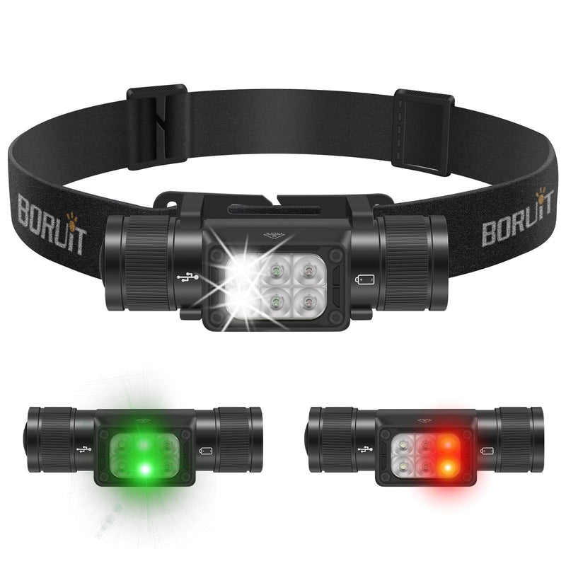 BORUIT HP360 LED Rechargeable Headlamp with White Green Red Light,Super Bright Head Lamp Flashlight,IP67 Waterproof,7 Working Modes,Suitable for Adults Running Camping Hiking Fishing HP360 Headlamp