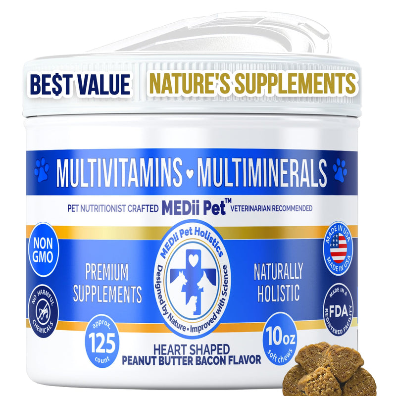 Best Dog Multi Vitamins Multi Supplements + 74 Organic Minerials. Natural, Organic, Holistic Benefits in a Soft nutrional chew. Vegan Bacon Peanut Butter Flavor. Value Pop Top Jar. - PawsPlanet Australia