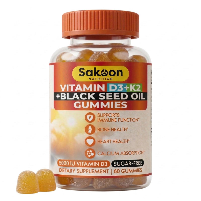 Sakoon Vitamin D3 K2 Gummies 5000 IU for Women & Men | with K2 MK7 & Black Seed Oil | Bone Strength, Calcium Absorption & Immune Support | Sugar-Free, Non-GMO, Gluten Free | 60 Gummies Chewables