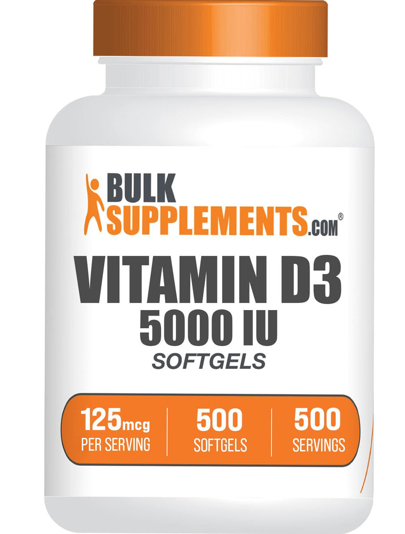BulkSupplements.com Vitamin D3 5000IU Softgels - Cholecalciferol, D3 Supplement, Vitamin D 5000 IU - 1 Vitamin D3 Softgel (125mcg of Vitamin D) per Serving, 500 Count (Pack of 1) 500 Count (Pack of 1)