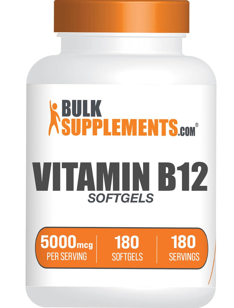 BulkSupplements.com Vitamin B12 5000 mcg Softgels - Cyanocobalamin, Vitamin B Supplements, B12 Vitamins Pills - Gluten Free, 1 Vitamin B12 Softgel per Serving, 180-Day Supply, 180 Softgels 180 Count (Pack of 1)