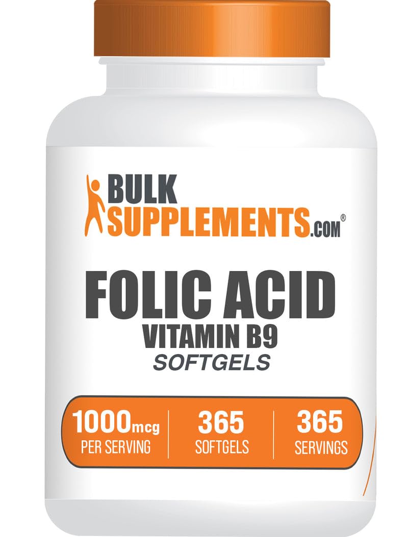 BulkSupplements.com Folic Acid Softgels - Vitamin B9, Folic Acid 1000 mcg, Folate Supplement - Gluten Free, 1 Softgel per Serving, 365 Count (Pack of 1) 365 Count (Pack of 1)