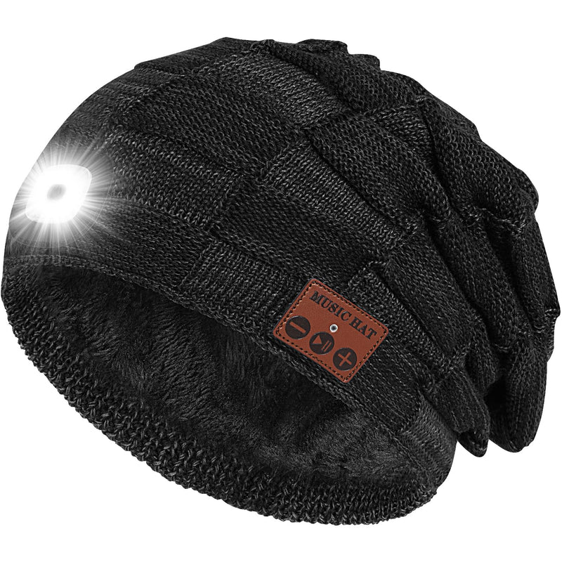 Bluetooth Beanie with Light for Men, Beanie with Light Unisex USB Rechargeable Hands-Free 4 LED, Headlamp Cap with Wireless Headphones Built-in Speaker Mic Gifts for Men Dad Teen (Black) One Size Black